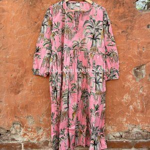 Jangle Block Print Indian Cotton Summer Maxi Dress  With Pockets- Excellent!